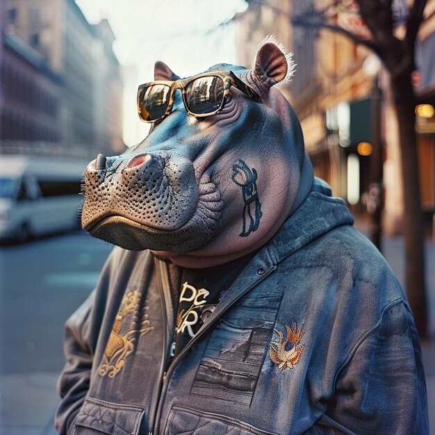 there is a hippo wearing sunglasses and a jacket on the street generative ai