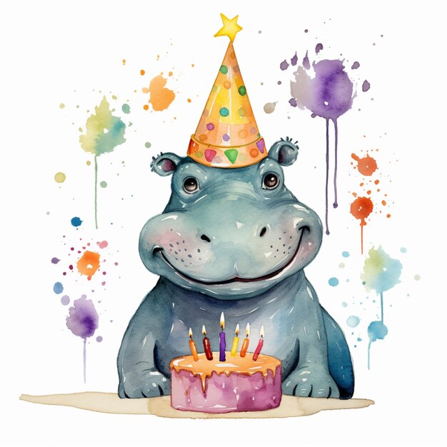 Photo there is a hippo with a birthday hat on sitting in front of a cake generative ai