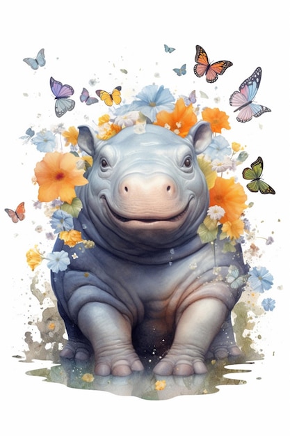 There is a hippo with flowers and butterflies around it generative ai