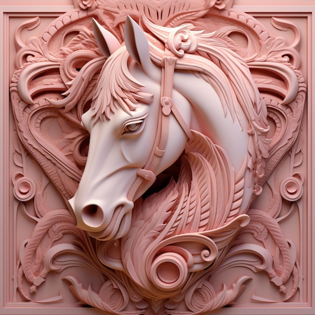 There is a horse head on a wall with a decorative design generative ai