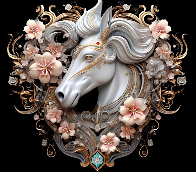 there is a horse head with a floral decoration on it generative ai