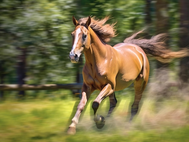 There is a horse running in the grass near a fence generative ai