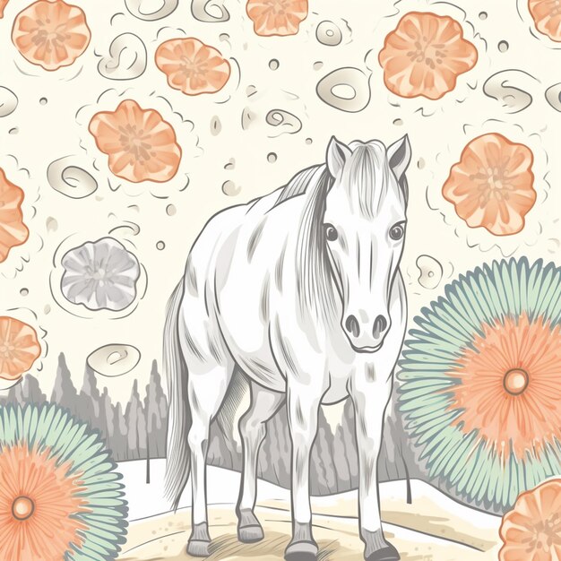 There is a horse standing in a field with flowers and trees generative ai