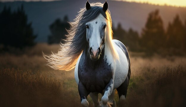 There is a horse that is running in the grass at sunset ai generative