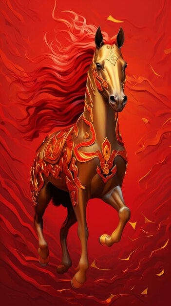 There is a horse that is running on a red background generative ai