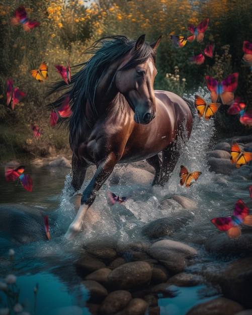 There is a horse that is running through the water with butterflies AI Generative