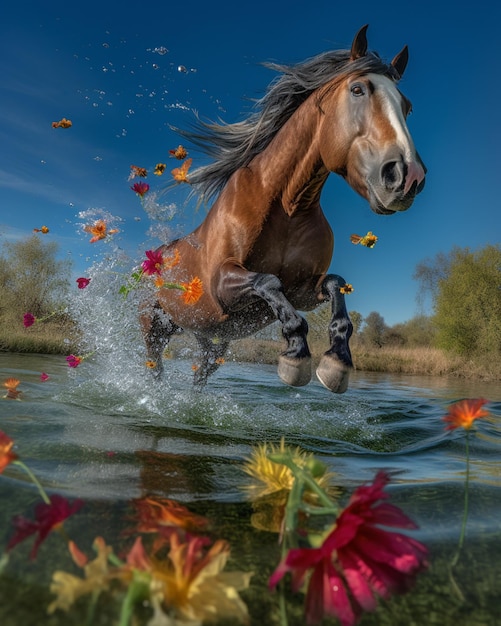 There is a horse that is running through the water with flowers AI Generative