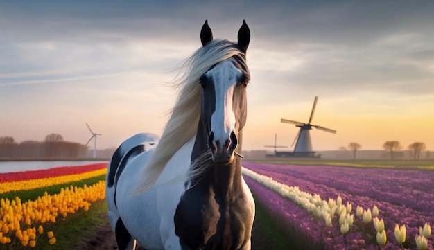 There is a horse that is standing in a field of flowers AI Generative