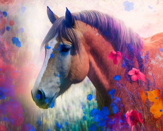 Есть лошадь, которая стоит в поле цветов генеративный ай