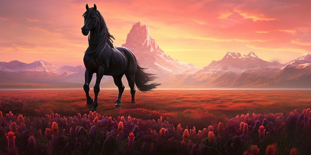 there is a horse that is standing in a field of flowers generative ai