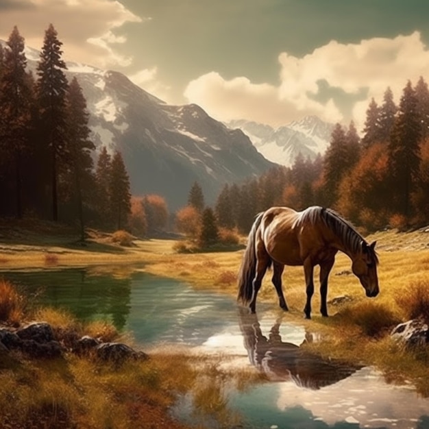 Лошадь стоит в траве у воды, генерирующей искусственный интеллект.