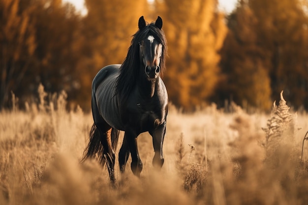 there is a horse that is standing in the tall grass generative ai