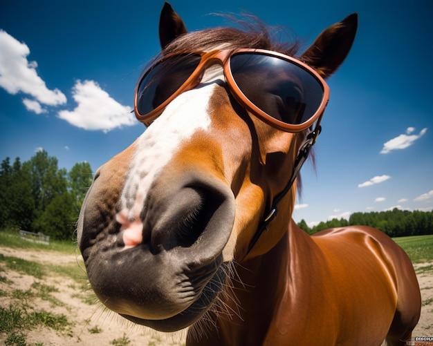 Photo there is a horse wearing sunglasses on its head generative ai