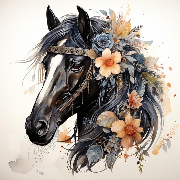 There is a horse with a flower crown on its head generative ai