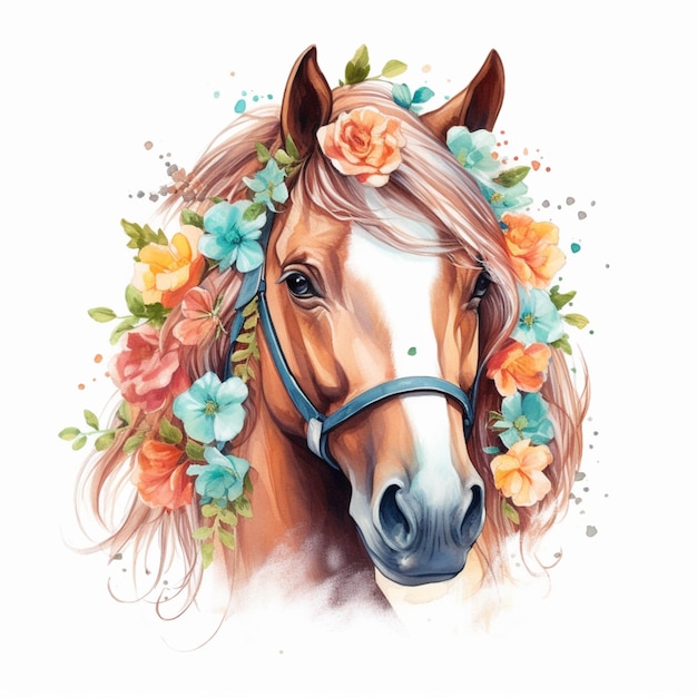 There is a horse with a flower crown on its head generative ai