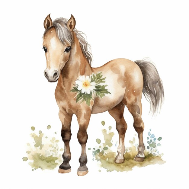 Photo there is a horse with a flower on its head standing in the grass generative ai