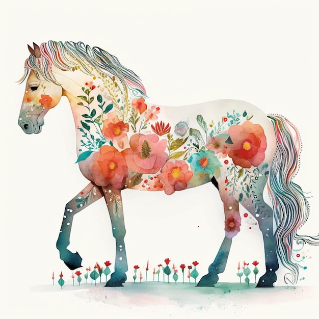 Foto c'è un cavallo con dei fiori su di esso che cammina nell'erba generativa ai