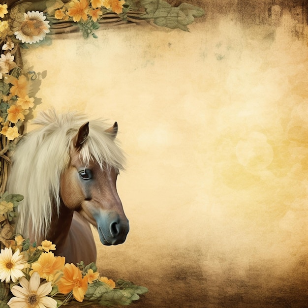 there is a horse with a white mane and a flower frame generative ai