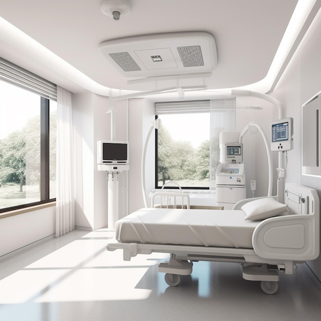 There is a hospital room with a bed and a television generative ai