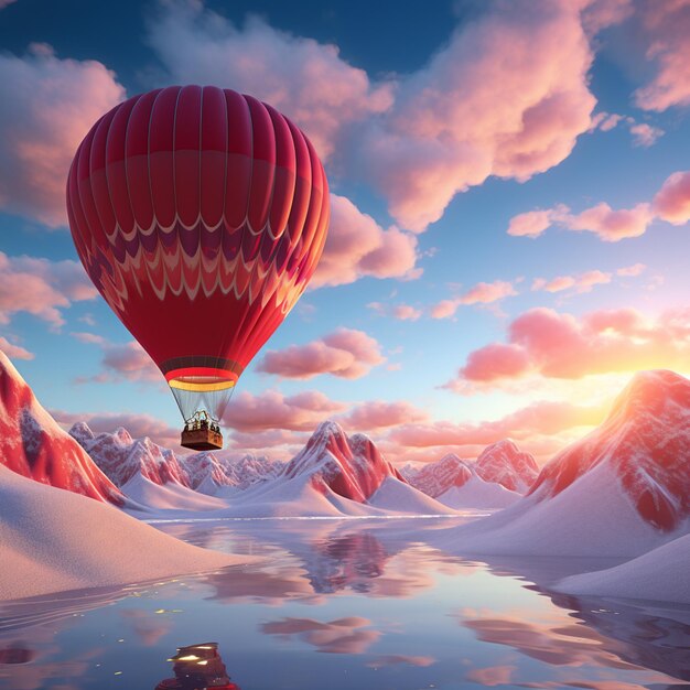 There is a hot air balloon flying over a mountain range generative ai