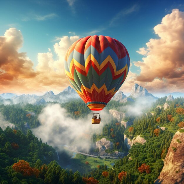 there is a hot air balloon flying over a mountain with a valley below generative ai