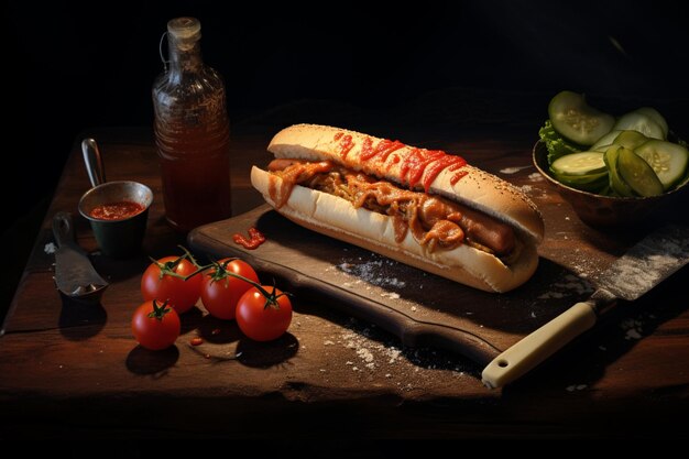 there is a hot dog with ketchup and tomatoes on a cutting board generative ai
