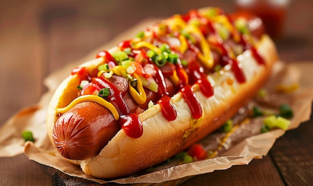 Photo there is a hot dog with mustard generative ai