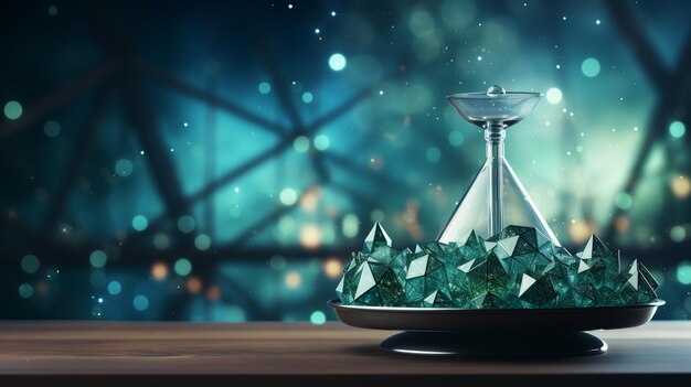 there is a hourglass with green crystals on a table generative ai