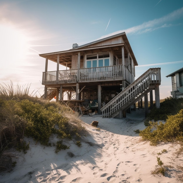 There is a house on the beach with a staircase leading to it generative ai