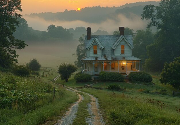 there is a house on a hill with a foggy field generative ai