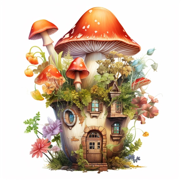 there is a house made of mushrooms and flowers on the ground generative ai