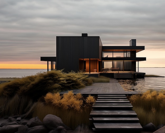 there is a house on the water with a dock and steps leading to it generative ai