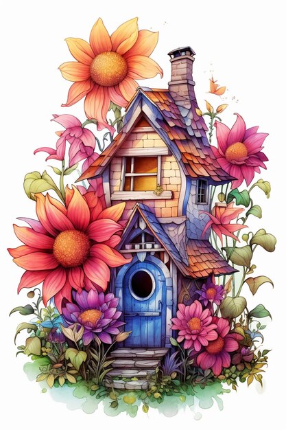 there is a house with a blue door and a lot of flowers generative ai