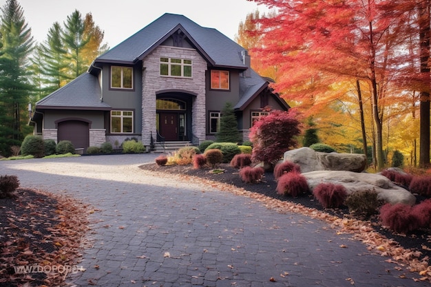 There is a house with a driveway and a stone walkway generative ai