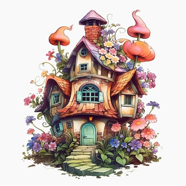there is a house with a garden and mushrooms on the roof generative ai