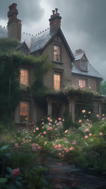 There is a house with a lot of flowers in the front yard generative ai