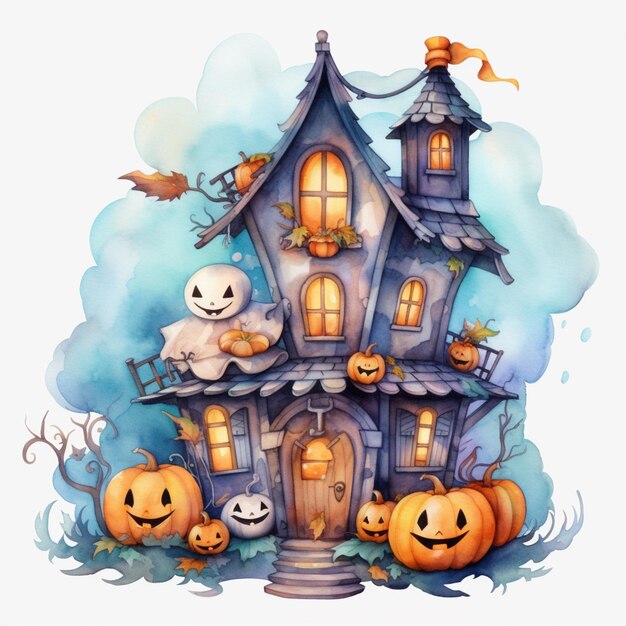 there is a house with a lot of pumpkins and ghosts generative ai