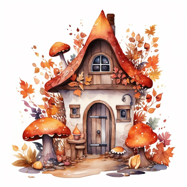 there is a house with a mushroom roof and a door generative ai