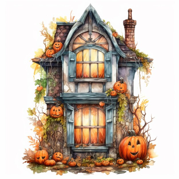 There is a house with pumpkins and a lantern on the front generative ai