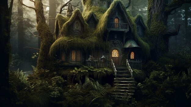 В лесу есть дом с растущим на нем мхом генеративный ай