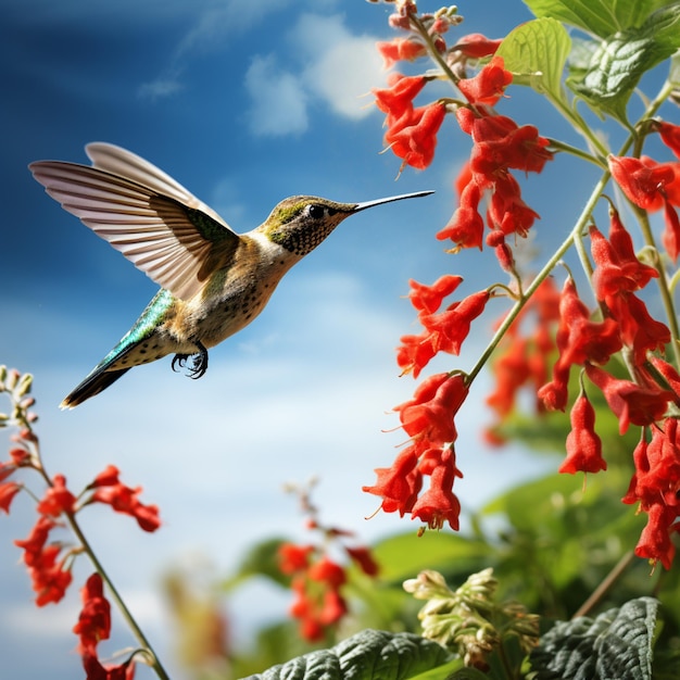 There is a hummingbird flying in the air near red flowers generativ ai