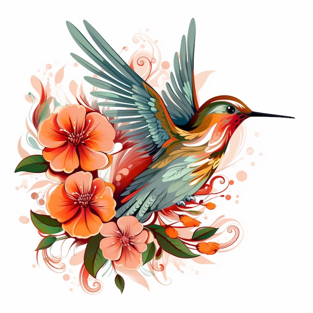 there is a hummingbird flying over a flower with a white background generative ai