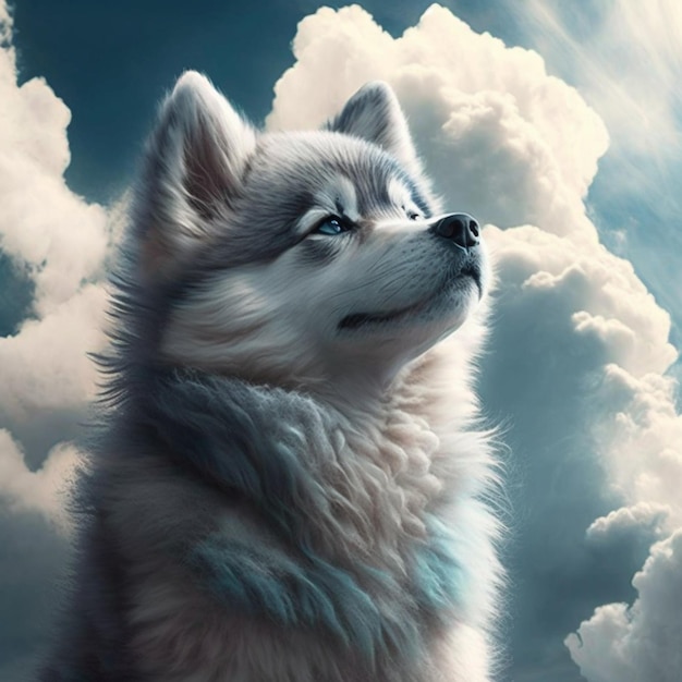 There is a husky dog that is looking up at the sky generative ai