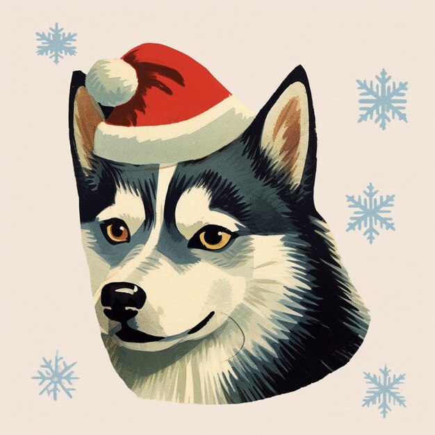 There is a husky dog wearing a santa hat on a white background generative ai