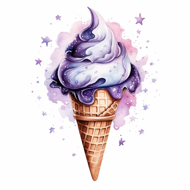 there is a ice cream cone with a purple swirl on it generative ai