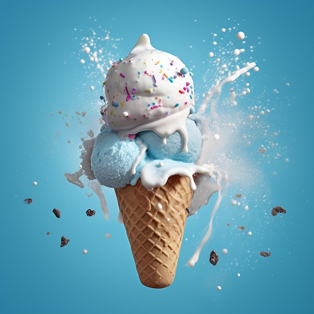 There is a ice cream cone with sprinkles and a blue background generative ai