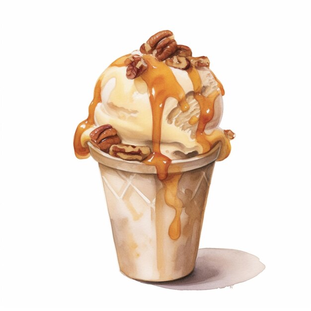 there is a ice cream sundae with caramel sauce and pecans generative ai