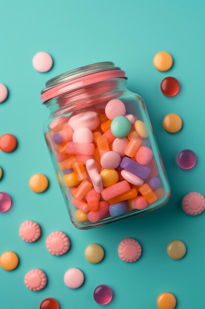 There is a jar of candy and candies on a blue surface generative ai