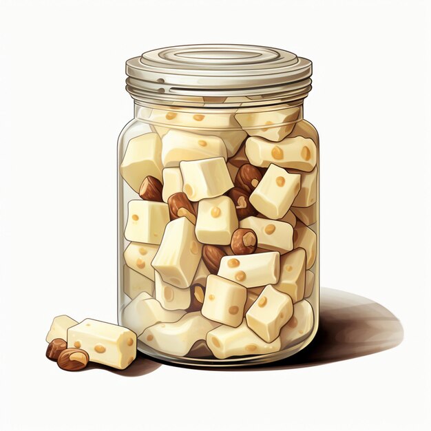 there is a jar of cheese cubes and nuts on the table generative ai