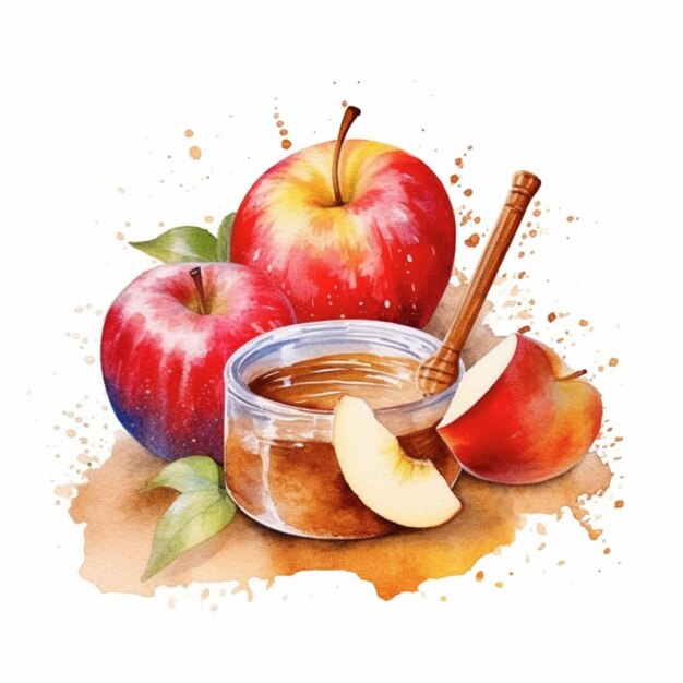 There is a jar of honey and apples with cinnamon sticks generative ai